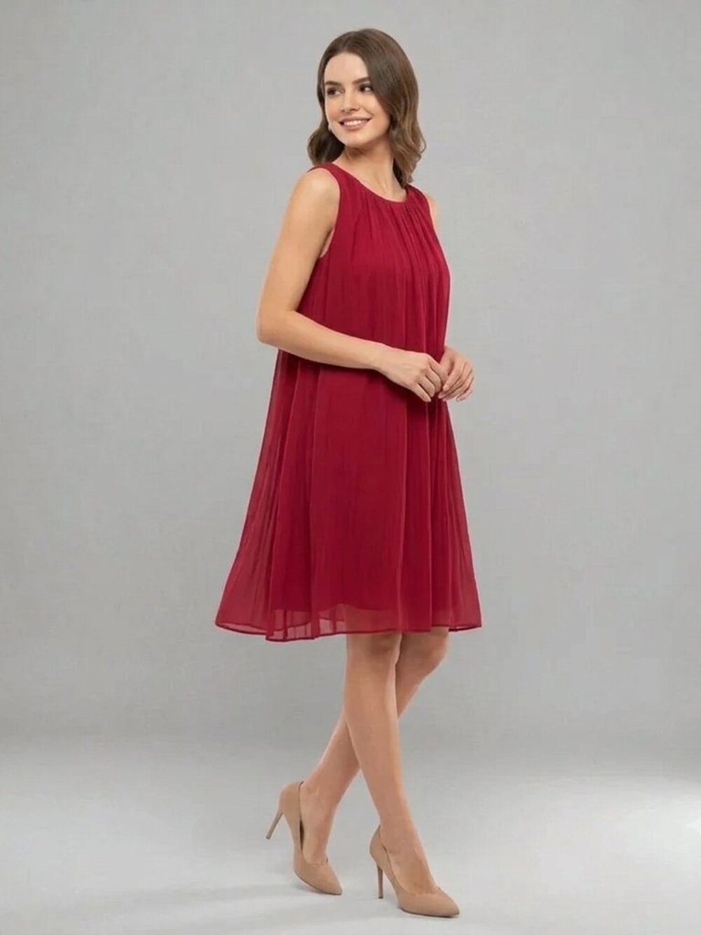 Mango Red Pleated Georgette Babydoll Dress Size 6 Swing A Line Party Mini
